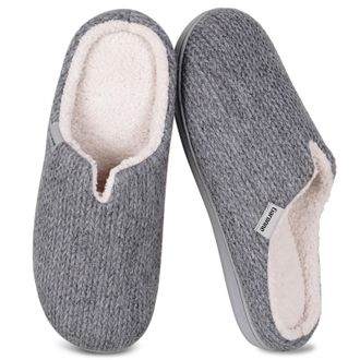 Garonne Womens V-Neck Slippers with Memory Foam and Wool-Like Lining, Womens Slip-On Slippers for Bedroom Indoor/Outdoor, gray, 2.5/3 UK