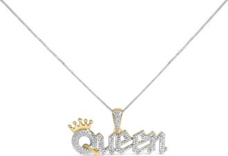 House of Brilliance 14K Yellow Gold Plated Sterling Silver 1/10 Cttw Diamond Queen Nameplate Pendant Necklace