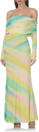 AFRM Thelma Print Off the Shoulder Long Sleeve Mesh Maxi Dress in Rainbow Stripe at Nordstrom Rack, Size Medium