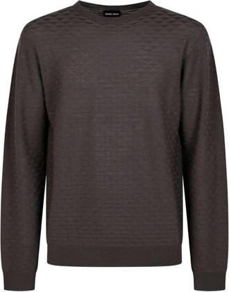 Giorgio Armani Trui van scheerwol met reguliere pasvorm en driehoekig weefpatroon - Heren - Ronde hals truien - Bruin - 2XL - Wol - Truien & Vesten