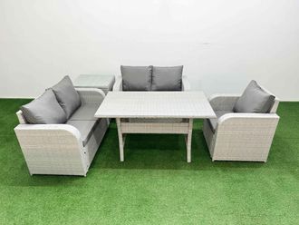 Fimous High Back Poly Rattan Garden Furniture Set w/ Reclining Chair Loveseat Sofa Rectangular Dining Table Indoor Outdoor Patio Set Side Table Light