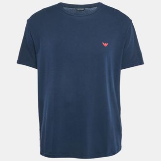 Emporio Armani Navy Blue Logo Printed Cotton Crew Neck T-Shirt
