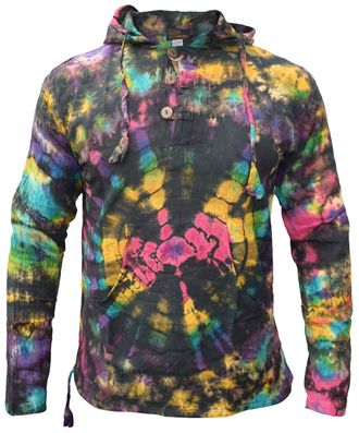 Gheri Tie Dye Cotton Light Summer Hippie Psychedelic Bohemian Grandad Hoodie Black Rainbow XXX-Large