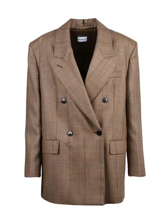 Marella Brown Checkered Double-Breasted Virgin Wool Jacket