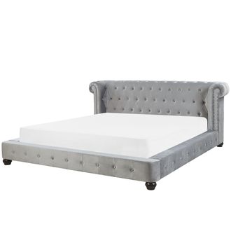 Beliani Cama De Terciopelo Gris Con Acolchado Decorativo 180 X 200 Cm Dise&ntilde;o Retro Tradicional Cavaillon