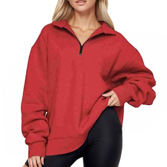 Generic HUIFUAO Brown Sweatshirt Women Zip Front V Neck Pullover Autumn Long Sleeve Tops Lightweight Shirts Solid Color Basic Blouse With Pockets (Z11 Red, XX