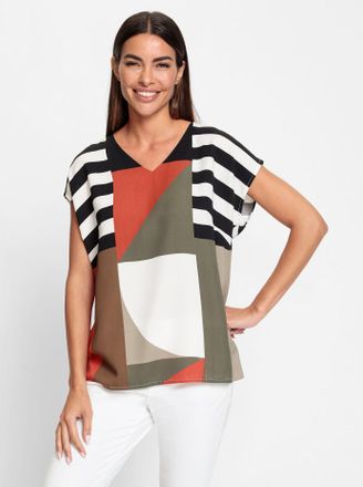 Heine Druckbluse HEINE, Damen, Gr. 34, bunt (terra, schlamm, bedruckt), 100% Viskose, bedruckt, gemustert, mehrfarbig, V-Ausschnitt, Blusen Druckbluse