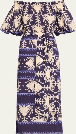 Johanna Ortiz Abstract-Print Light Poplin Off-The-Shoulder Midi Dress