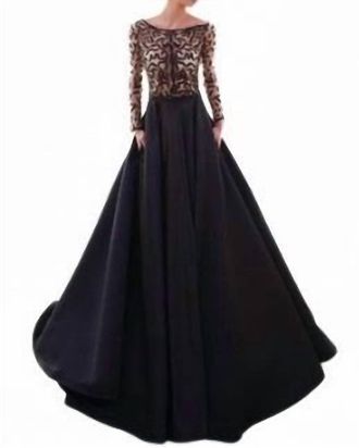 Tarik Ediz Long Sleeve Mesh Gown In Black