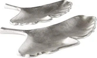 Beliani Conjunto De 2 Platos Decorativos De Metal Plateado Bandeja Joyer&iacute;a Anillos Patr&oacute;n De Gingko Palenque