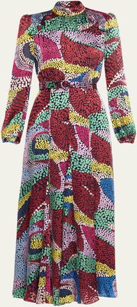 Saloni Jacqui-B Belted Floral Silk Midi Dress