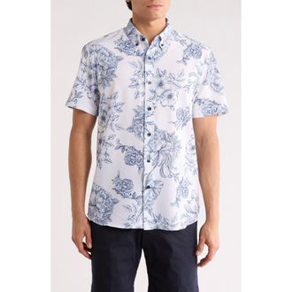 ConStruct Slim Fit Large Floral Print Short Sleeve Button-Down Shirt in White/Navy at Nordstrom Rack, Size Xx-Large