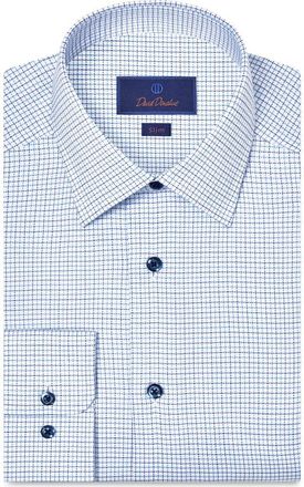 David Donahue Slim Fit Microcheck Stretch Cotton Twill Dress Shirt in White/Blue at Nordstrom, Size 14.5 - 32