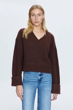 Pistola Denim Joy Cropped Boxy V Neck Sweater Top In Dark Roast
