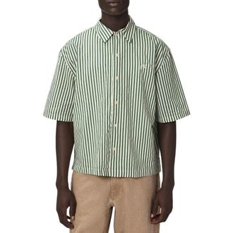 AllSaints Chopin Oversize Stripe Short Sleeve Cotton Button-Up Shirt in Green/White at Nordstrom, Size Xx-Large