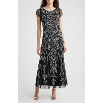 Pisarro Nights Beaded Mesh Midi Cocktail Dress in Black/Silver at Nordstrom, Size 18
