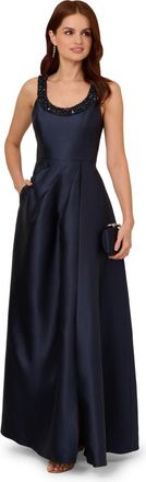 Adrianna Papell Womens Beaded Mikado Gown - Blue - Size 12 UK