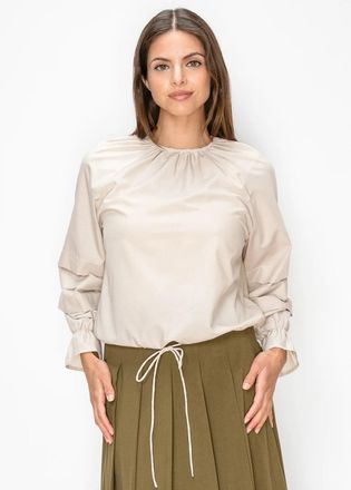 YAL New York Beige Balloon Sleeve Blouse with Drawstring