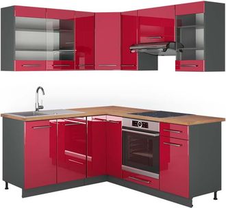 Vicco Cocina Esquinera Fame-line, Burdeos Brillo Intenso/antracita, 160 X 190 Cm, Et Roble