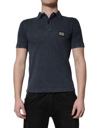 Dolce & Gabbana Dark Blue Logo Plaque Cotton Men Polo Shirt T-Shirt
