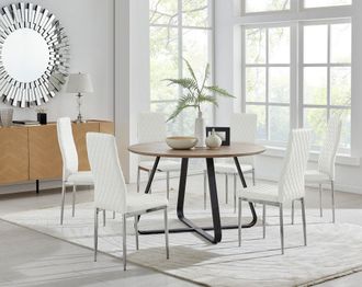 Furniturebox Santorini Brown Wood Effect Dining Table & 6 Milan Chrome Leg Chairs in Off-White