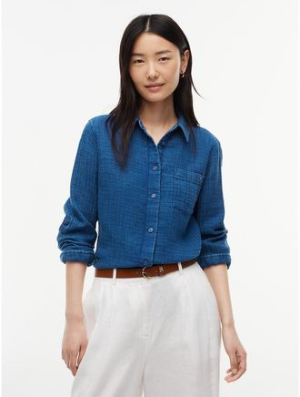 Tommy Hilfiger Womens Indigo-Dyed Cotton Gauze Pocket Shirt - Blue - XXL