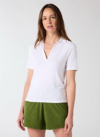 Majestic Filatures Soft Touch Short Sleeve V-Neck Polo in Blanc at Nordstrom, Size 4
