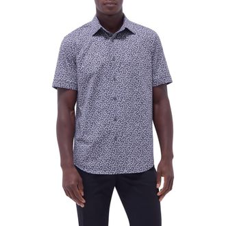Bugatchi Miles OoohCotton Leaf Print Short Sleeve Button-Up Shirt in Black at Nordstrom Rack, Size Xxx-Large