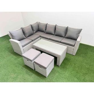 Fimous Rattan Garden Furniture Set Outdoor 8 Seater Corner Sofa Sets with Oblong Coffee Table 2 Small Footstools Light Grey Mixed - Fimous