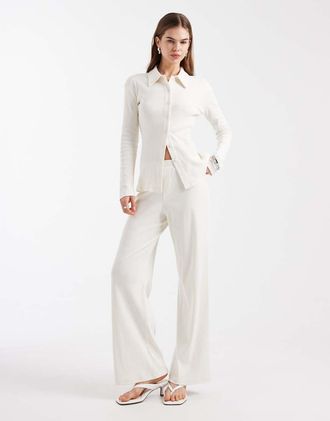 4th & Reckless Pantaloni comodi a fondo ampio a vita alta in misto cotone color crema a coste in coordinato-Bianco