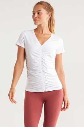 Zella Ruched V-Neck T-Shirt in White at Nordstrom, Size X-Small
