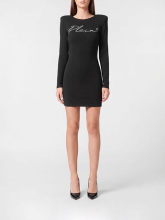 Philipp Plein Slim Fit Jersey Sheath Mini Dress with Padded Shoulders