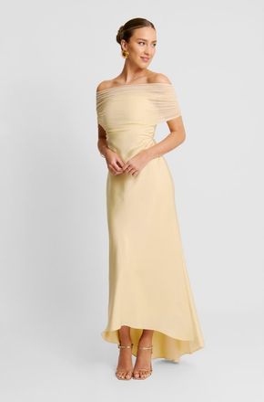 Six Stories Bardot Satin Maxi Dress in Pale Lemon at Nordstrom, Size 14