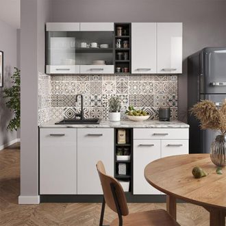 Vicco Cocina Para Solteros R-line, Blanco Brillo/antracita, 160 Cm Sin Encimera