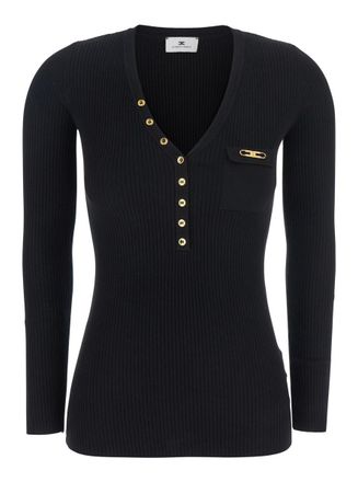 Elisabetta Franchi Black V-Neck Sweater With Logo Plaque On The Front In Fabric Woman