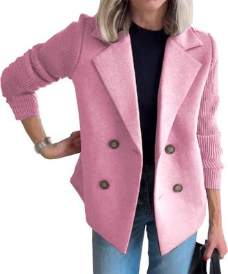 Generic Womens Lapel Button Knitted Patchwork Sleeve Casual Coat Cropped, Pea Coat Blazer Sweater Sweater Knit Blazer (Pink,5XL)
