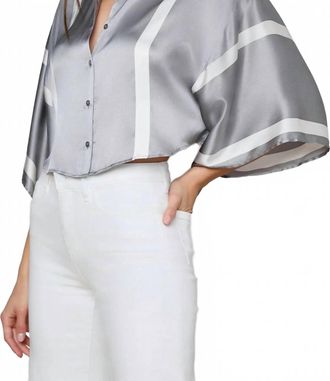 L'agence Dru Silk Blouse In Light Grey/white Placement Stripe
