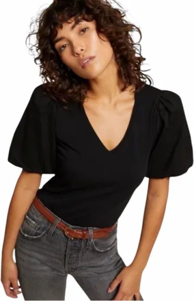 Nation Ltd Traci Bubble Sleeve V-Neck Top In Jet Black