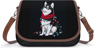 Generic Siberian Husky Christmas Crossbody Bag Womens Handbag PU Message Bags Shoulder Purse with Adjustable Strap