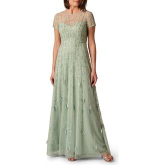 Adrianna Papell 3D Floral Beaded A-Line Gown in Icy Sage at Nordstrom, Size 12