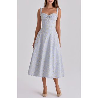 House of CB Rosalee Floral Stretch Cotton Petticoat Dress in Blue Wildflower at Nordstrom, Size X-Small A