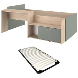Vente-Unique Letto combinato 90 x 190/200 cm Naturale e Verde + Rete - MIVONA
