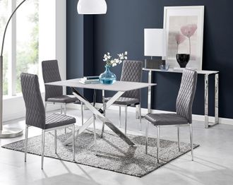 Furniturebox Leonardo White Glass Marble Effect Silver Leg Table & 4 Velvet Milan Silver Leg Chairs in Grey