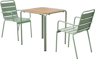 Oviala Mesa de jard&iacute;n de metal y polywood, 70 cm, y 2 sillas verde salvia