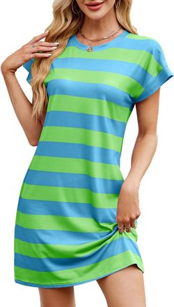 Generic Ladies Summer Dresses Striped Printed Short Sleeve Tunic Dress Girls Womens Summer Dresses Crew Neck Mini Sundress Loose Casual T Shirt Dress for Wome