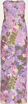 Bronx and Banco Dahlia Strapless Floral-Embroidered Sequin Gown
