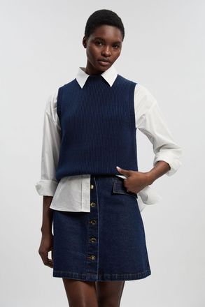 Karen Millen Womens Petite Denim Button Front Mini Skirt - Indigo Blue Cotton - Size 14 UK