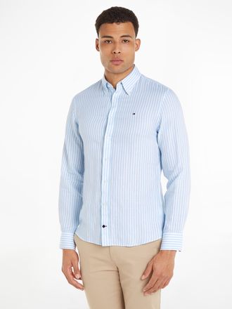 Tommy Hilfiger Langarmhemd TOMMY HILFIGER CL W-COTTON LINEN STRIPE SHIRT, Herren, Gr. 44, N-Gr, blau (light blau, optic wei&szlig;), Web, Obermaterial: 57% Baumwolle, 43% 