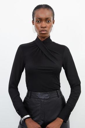 Karen Millen Jersey And Georgette Mix High Neck Top in Black at Nordstrom, Size X-Small