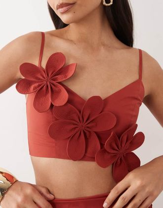 Asos Crop top color ruggine a fiori in coordinato-Marrone